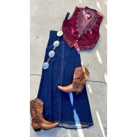 Deadstock 90s Burgundy Purple Suede Genuine Leather Lace Trim Vest Size Large - Picture 2 of 10